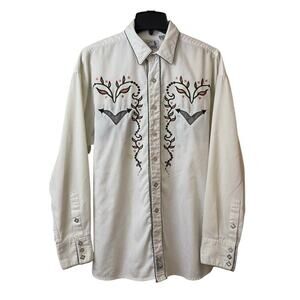 Panhandle Slim Mens Shirt Large White Western Embroidered Pearl Snap Button Up